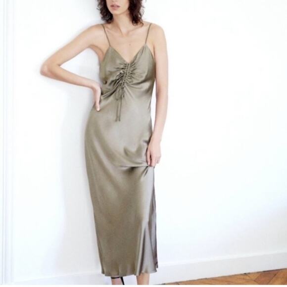 Zara Green Gray Satin Maxi Slip Dress - Picture 1 of 9